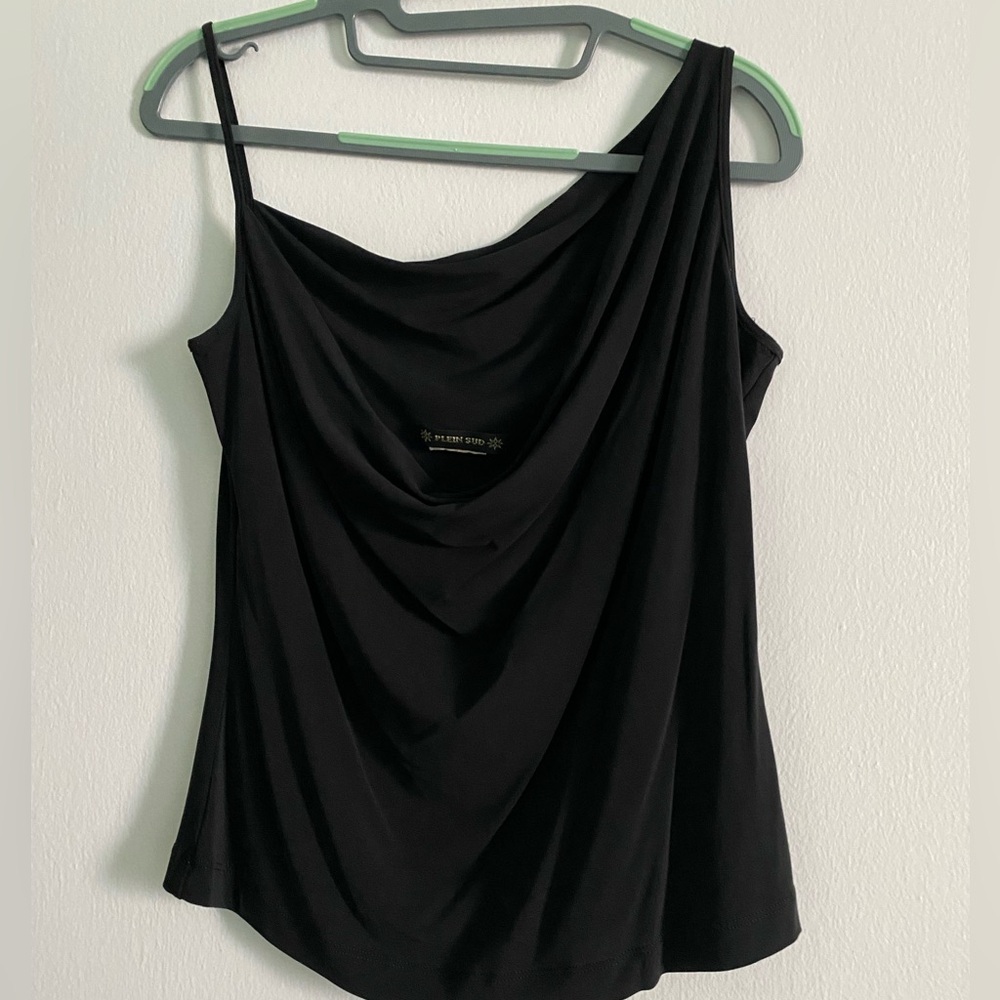 PLEIN SUD VINTAGE BLACK ACETATE TOP, DROP NECK TOP, SIZE M/L